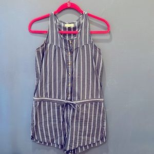 Sandy & Sid romper, navy blue white pinstripe, extra small XS